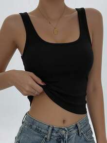 Women's Summer Solid Square Neck Ribbed Casual Versatile Black Tank Top - Black - View 3