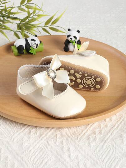 1 Pair Girls' Fashion Versatile Cute Bow Hook And Loop Design Flat Mary Jane Shoes, Suitable For 0-1 Year Old Infant Girls Learning To Walk, Infant Shoes, Suitable For Spring, Autumn And Summer