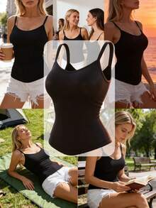 1 chiếc áo ngực thể thao dây mảnh co giãn cao dành cho nữ, áo hai dây gân trơn có đệm ngực, áo croptop ôm sát thoải mái, áo thể thao màu đen thanh lịch, phù hợp cho mọi mùa, dây đeo có thể điều chỉnh, áo hai dây hở lưng gợi cảm. - màu đen - Xem 8