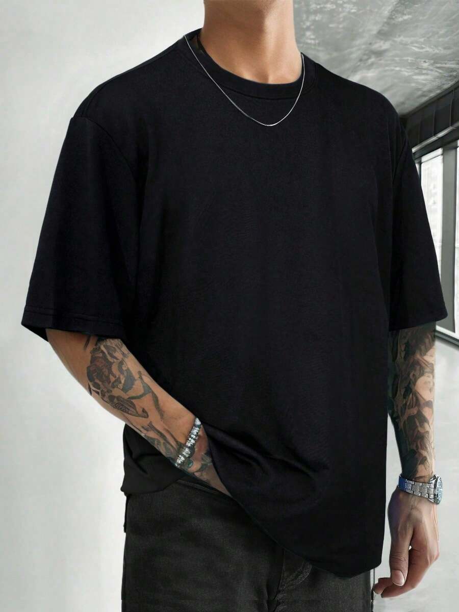 Manfinity Homme Loose Fit Mens Solid Color Round Neck Short Sleeve Casual T-Shirt - màu đen - Xem 1
