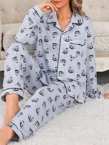 CRAYON SHINCHAN 2件套可爱蜡笔小新牛奶丝柔软亲肤卡通印花开衫长袖长裤女式睡衣套装，随机印花，春秋季 - 灰色 - 查看 6