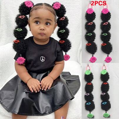 2pcs/Set African American Girls' Curly Ponytail Clips, Colorful Flower Decor Ponytail Bun Scrunchies, Random Color Hair Accessories For Kids