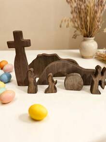 13pcs Easter Resurrection Scene & Cross Decor Set, Wooden Easter Resurrection Scene Cross Jesus Tomb Tray Set, Jesus Nativity Scene Decor, Suitable For Religious Places, Home Office Desk, Christian Gifts, Home Figurine Decor, Cemetery Easter Holiday Table Decor - Brown - View 9