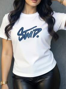 Camiseta de manga corta y cuello redondo para mujer, estilo casual, con diseño de estampado moderno, estampado digital, poliéster, envase de 1 pieza, camiseta con diseño de estampado - Blanco 1 - Ver 1