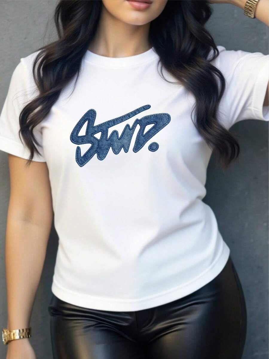 Camiseta de manga corta y cuello redondo para mujer, estilo casual, con diseño de estampado moderno, estampado digital, poliéster, envase de 1 pieza, camiseta con diseño de estampado - Blanco 1 - Ver 1