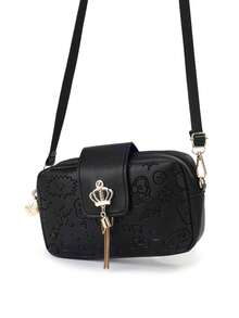 Fashionable Embossed Crown Pendant Tassel Crossbody Bag - Black - View 2