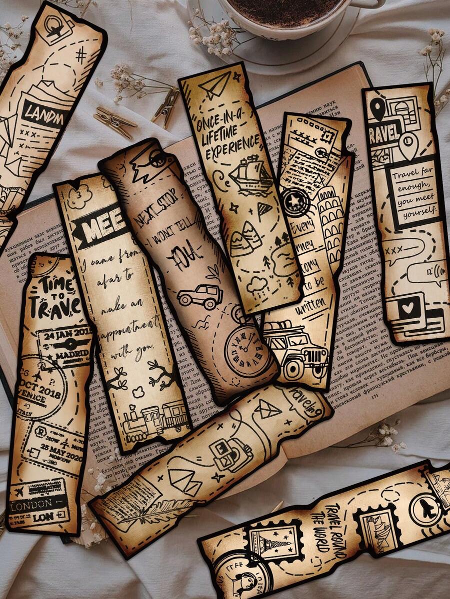 30张复古旅行日记书签，趣味做旧别致设计，纸质书签，个性化趣味阅读标记，书籍装饰书签 - 办公用品，趣味礼物 - 彩色 - 查看 1