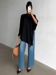 2025 简约舒适披肩上衣，优雅端庄，春秋时尚优雅宽松针织披肩上衣，女士，宽松版型，轻盈透气，秋季休闲旅行海滩百搭黑色 - 黑色 - 查看 5