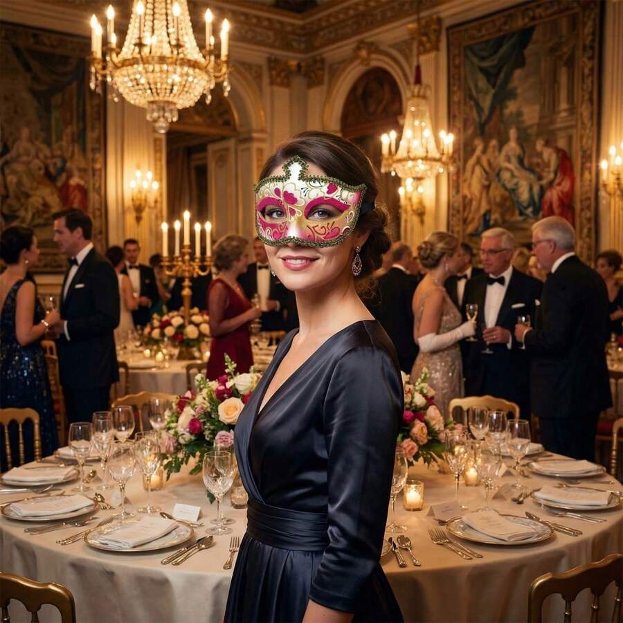 Mascarilla facial pintada a mano para hombre, creativa, portátil, con purpurina, para disfraz de Mardi Gras, ideal como recuerdo de fiesta de cosplay. - Rojo - Ver 1