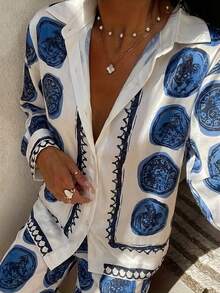 Women's All-Over Print Shirt And Pants Shirt And Elastic Waist Trousers Set Summer Outfits For Women - 多色1 - 查看 3