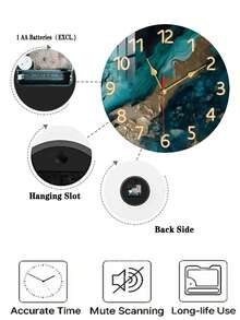1 pieza Reloj de pared de 10 pulgadas/12 pulgadas con textura de mármol verde, de madera, silencioso, con batería, decoración moderna para el hogar - Multicolor - Ver 4