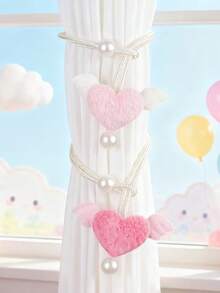 1件装现代简约粉红玫瑰红心形翅膀设计窗帘绑带，无需钻孔，仿珍珠装饰，适用于客厅、女孩卧室、婚礼、情人节、节日和儿童房装饰 - 彩色 - 查看 2