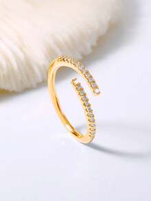 1枚时尚优雅的简约设计锆石可调节铜戒指，适合日常休闲佩戴 - 金色 - 查看 8