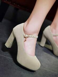 Casual Buckle Thick Heel Suede Platform Strap Party Pumps, Versatile For Spring/Autumn