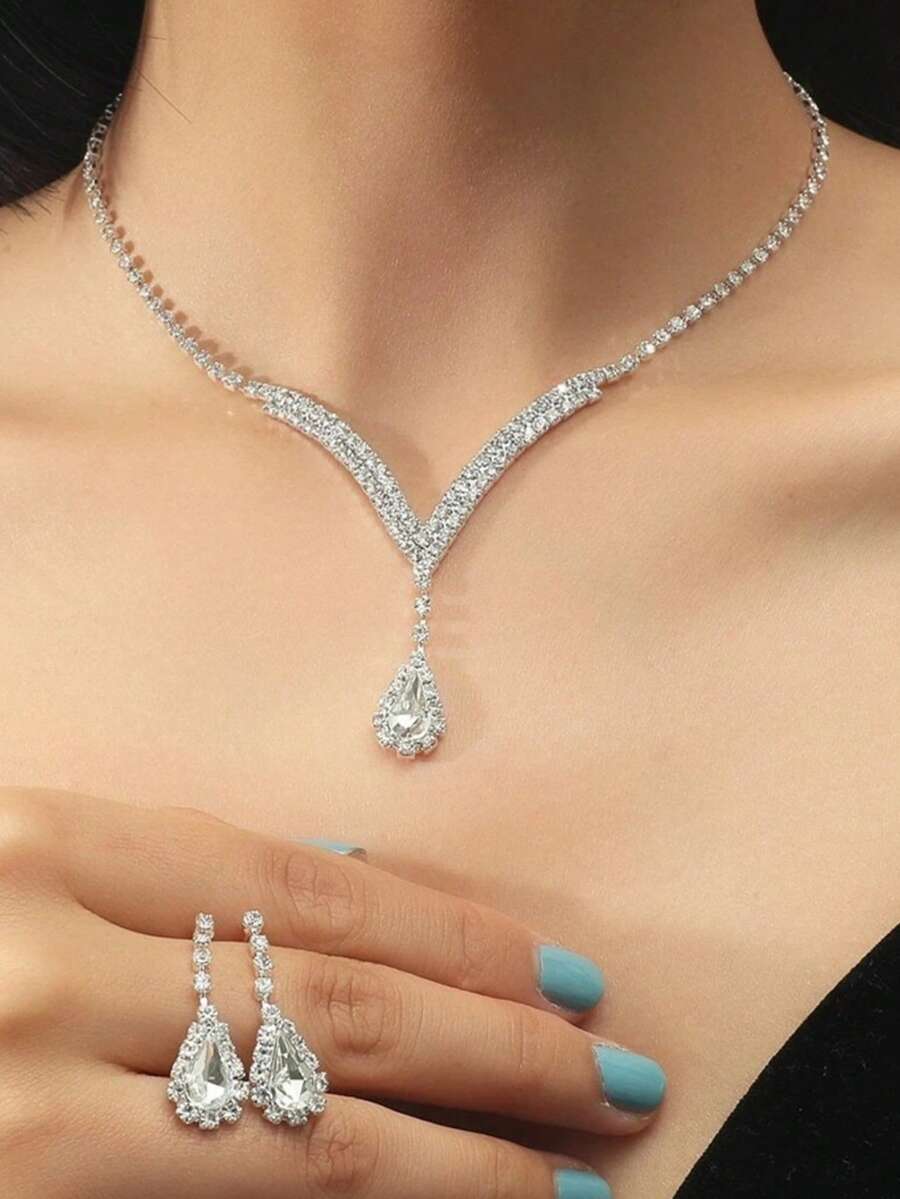 3pcs/4pcs/5pcs/Set Water Droplet Design Necklace+Earrings+Bracelet+Ring Luxury Zirconia Jewelry Set Suitable For High-End Evening Dresses, High-End Banquets, And Gift Giving. - 3pcs/set - View 1