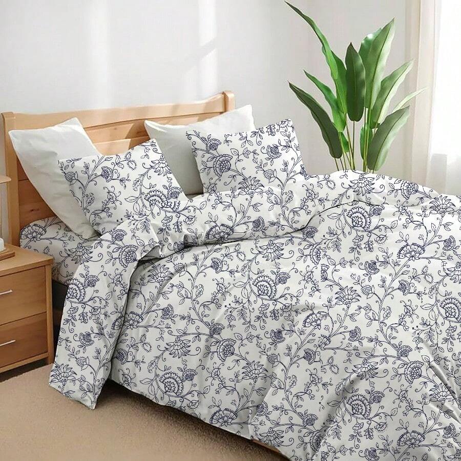 Double Floral Grey Duvet Cover Set 4 Pcs Quilt Cover Bedding Set - Natural IVY Bloom - View 1