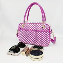 Checkered Crossbody Bag For Women Shoulder Plaid Handbags Top Handle Satchel Bag Woven Bum Bag Stylish Woven Crossbody Bag PU Leather - 玫瑰白格子 - 查看 8