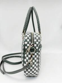 Checkered Crossbody Bag For Women Shoulder Plaid Handbags Top Handle Satchel Bag Woven Bum Bag Stylish Woven Crossbody Bag PU Leather - 豆綠白格子 - 查看 4