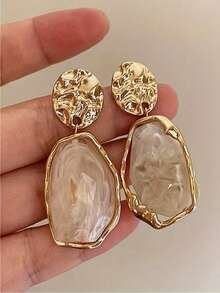 1 Pair Women's Vintage Chic Irregular Geometric Resin Dangle Earrings - Textured Resin Water Drop/Oval/Triangle/Rectangle/Hexagon Shapes, Minimalist All-Season Jewelry For Daily Wear & Presents - 金色 - 查看 9