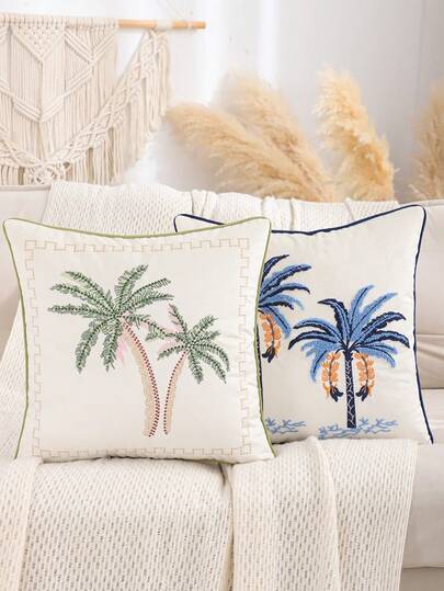 1件/2件装椰树刺绣抱枕套，天鹅绒面料，适用于客厅、卧室、农舍、沙发、家居装饰，蓝色