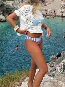 Women's Casual Everyday Chic Cute Design Beachwear Vacation Seaside High Neck Shoulder Strap Ruffle Seashell Hollow Out Cropped Sweater, Spring/Summer - Multicolor - View 6