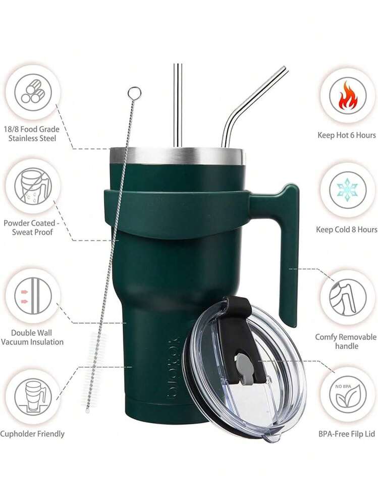 Vaso de  con asa de acero inoxidable con tapa y popote para mujer, color verde lavanda - Verde militar - Añade 2