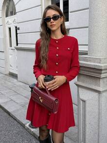 2pcs Wine Red Knitted Women's Outfit, Fashion Date/Shopping Pleated Skirt Set, Suitable For Carnival, New Year, Valentine's Day - Red - View 6