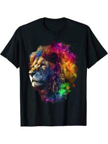 Camiseta con patrón de animal pintado de arte de león - Negro - Ver 7