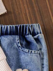 2pcs Baby Girls Casual Floral Applique Long Sleeve Top With Pocket & Denim Pants Set, Spring/Autumn