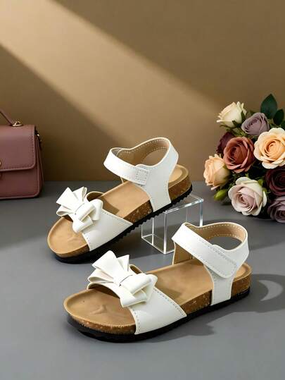[2026 Summer New Arrival] Beige Leather Open Toe Sandals For Girls, 3D Bow Decor, Adjustable Hook And Loop Strap At Heel, Non-Slip Brown/Black Sole, Sweet Minimalist Soft Bottom Walking Shoes, Comfortable & Cute Toddler Sandals