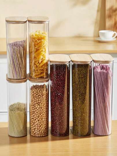 1pc Bamboo Lid Sealed Jar, Transparent Food Jar For Home Kitchen, Refrigerator Preservation Jar, Storage Jar With A Capacity Of 500ml, 1000ml, 1500ml, Miscellaneous Grain Storage Jar, Kitchen Storage Supplies, Suitable For Storing Miscellaneous Grains, Candies, Pasta, Nuts And Snacks, Can Be Stored In Refrigerator Preservation Sealed Jar