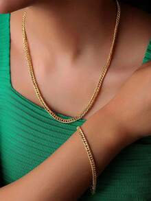 Nooxian 1 Set Fashionable Minimalist Hip-Hop Chain Necklace & Bracelet Jewelry Set, Suitable For Women's Daily Wear - Yellow Gold - View 7