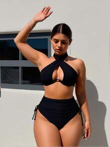 Women's Black Halter Neck Deep V-Neck Cross Front High-Waisted Ruched Two-Piece Bikini | Tummy Control Flattering Beach Vacation Pool Wear - Black - View 2