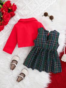 2pcs/Set Baby Girl Casual Plaid Print Dress With Brown Short Jacket, Autumn/Winter - Red - View 3
