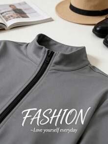 Autumn/Winter European And American Style Women's Fashion Zip-Up Cardigan, Fitted Top And Loose Wide-Leg Pants Set - Black and Gray - View 4