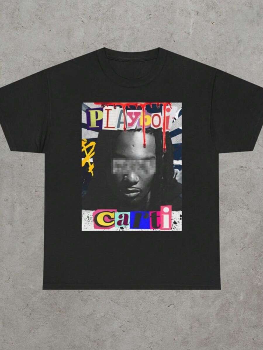 PlayboiPortrait Tee _ Street Art Collage - 黑色 - 查看 1