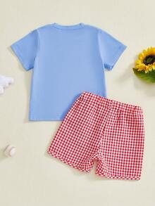 Toddler Baby Boy Summer Outfits Letter Baseball/Football /Rugby Embroidery Short Sleeve T Shirt And Plaid Shorts 2 Pcs Set, Toddler Baby Boy Football Clothing Set, - 藍色 - 查看 8