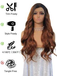 Chestnut Brown With Dark Root Body Wave Lace Front Wig 13*4 Lace Front Synthetic Wigs With Pre Plucked Natural Hairline Synthetic Lace Frontal Wigs Heat Resistant Fiber Daily Festival For Women 24 Inch - Brown - View 4