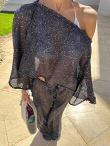 Women's Long Sleeve Sparkly Sheer Crop Poncho Top Off Shoulder See Through Top Clubbing Rave Concert Beach Cover Up - 黑色 - 查看 2