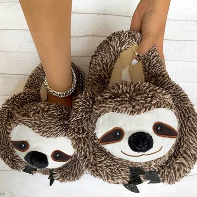 Autumn/Winter, Spring Festival New Cartoon Cotton Slippers, Halloween, Christmas Gift, Women Cute Plush Warm Comfortable Lightweight Non-Slip Thick Sole Home Party Couple Soft Cute Full Coverage Brown Sloth Indoor Warm Winter Shoes