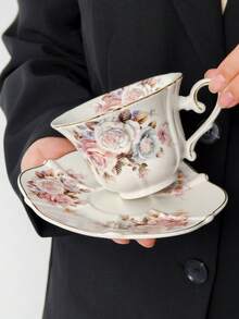 1 Set Cup + Saucer, Luxury European Style Gold Rimmed Rose Flower Coffee Cup, Elegant Afternoon Tea Set, High-End Cappuccino Latte Art Cup & Saucer, Dessert Plate, Suitable For Restaurant, Living Room, Cafe - Multicolor - View 11