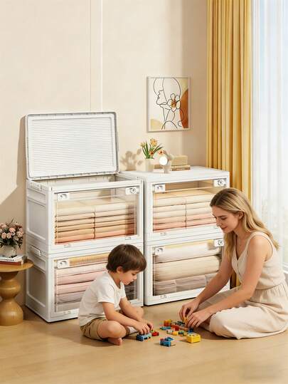 Large Capacity Storage Cabinet For Nursery | Heavy Duty Foldable Lockable Plastic Storage Cabinet With Transparent Cover | Stackable Baby Bedside And Under-Bed Wardrobe