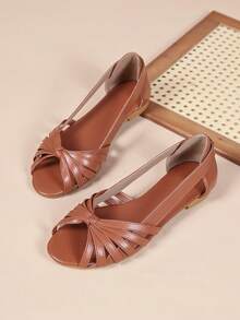 2pcs Brown Open Toe Woven Sandals, Essential For Vacation, Women's Elegant Flat Sandals - Brown - View 1