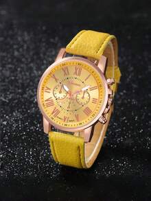 14件套女士PU皮表带石英表，简约三表盘罗马数字表盘，礼盒套装（不含表盒） - 玫瑰金 - 查看 6