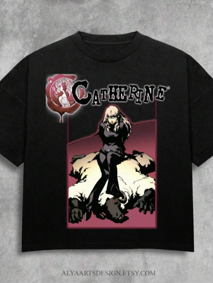 Catherine T-Shirt, Vintage Bootleg Style, 90s Anime Tee, Atlus JRPG Merch, Persona Fan Gift - 黑色 - 查看 1