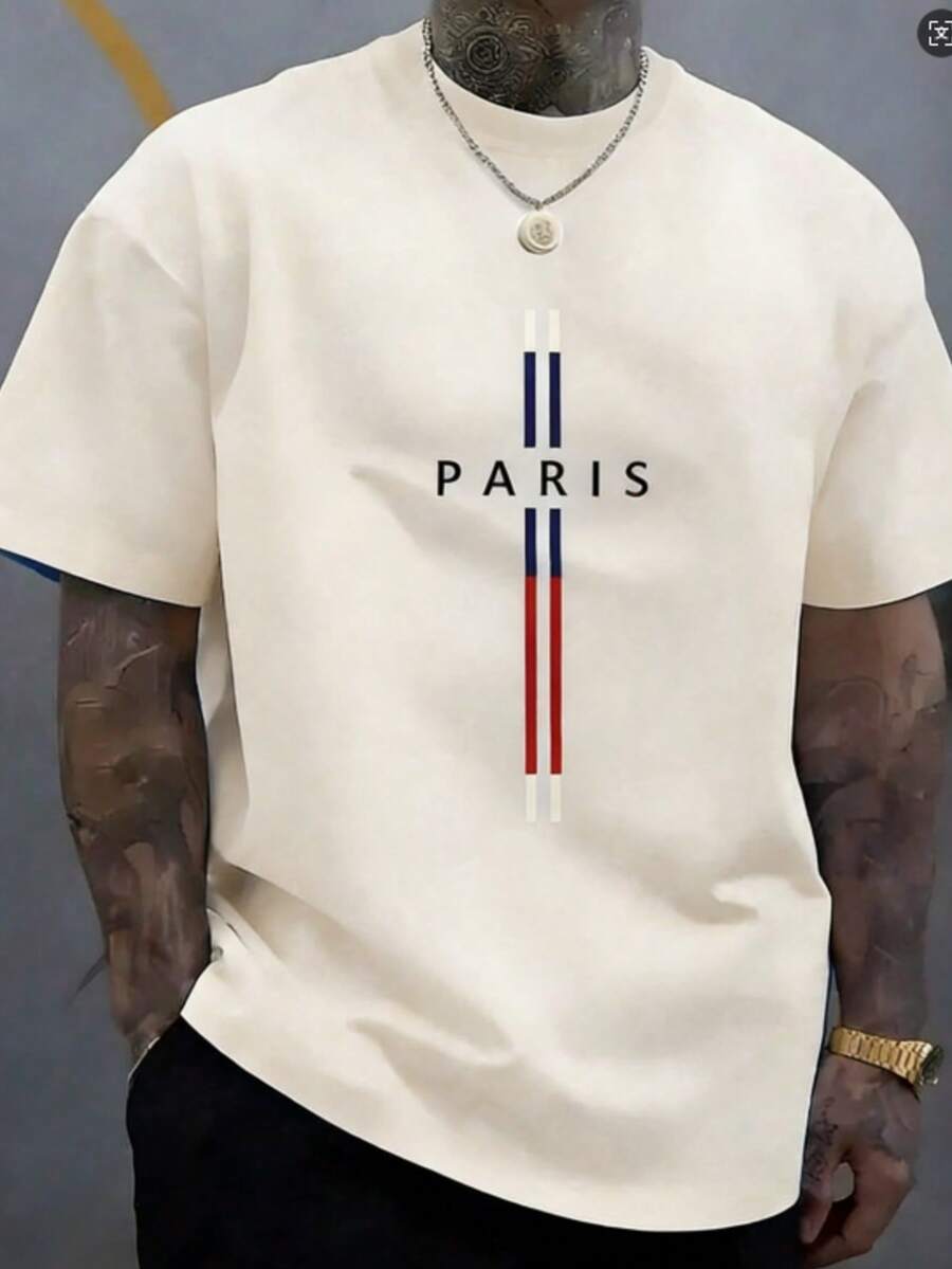 Men's Cotton Casual T-Shirt, Paris Graphic Design, Men's Classic Crew Neck T-Shirt - Soft Cotton Daily Wear - 杏色 - 查看 1
