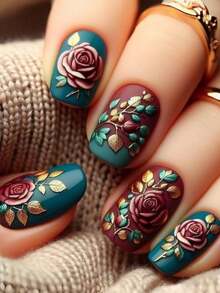Valentine's Day Nails Red Rose Three-Dimensional Relief Leaf Pattern Nails 24 Pieces Of Nails Press On Nails Nail Art Fake Nails Y2k Nails - Multicolor - View 8