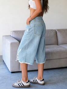 Chicsale Women's Baggy Denim Bermuda Shorts Ripped Wide Leg Jorts Knee Length Jean Shorts Y2K Streetwear Distressed Bottoms - 淺色水洗藍 - 查看 2