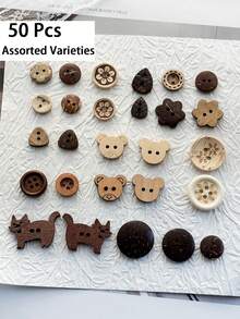 20/50/100颗棕色卡通木质纽扣，尺寸10-30毫米，熊猫、小猫、花朵造型，手工DIY缝纫装饰纽扣，适用于服装、剪贴簿等。
