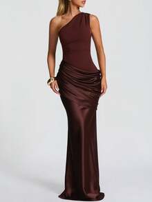 Sadona Women's Sexy One-Shoulder Bodycon Dress, Summer Draped Long Dress, Brown, Elegant For Birthday Party, Cocktail Gown - Brown - View 2